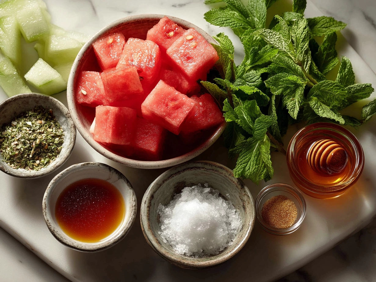 Ingredients for Watermelon Mint Mocktail including seedless watermelon, mint leaves, lime juice, honey, sparkling water, and ice cubes