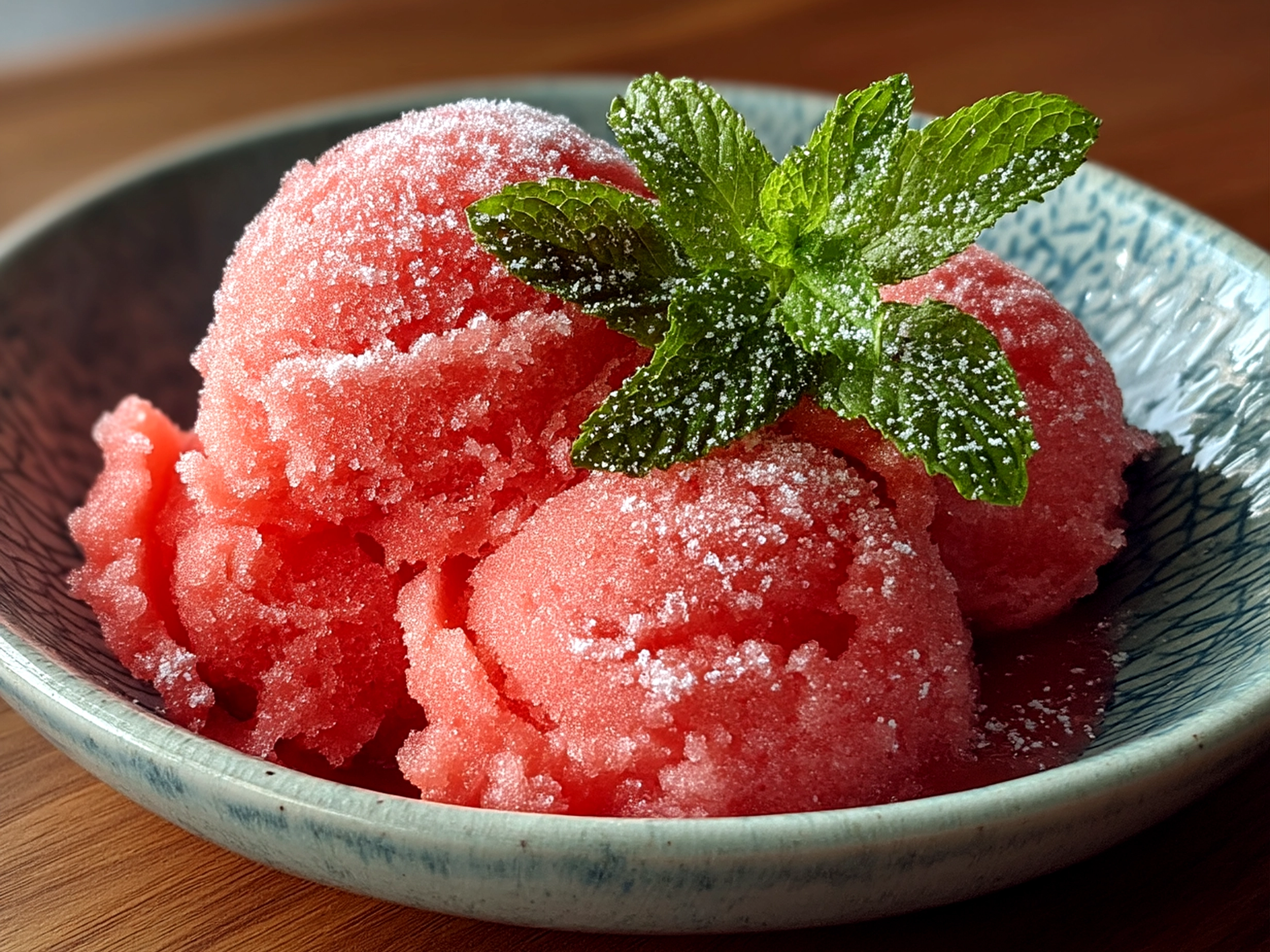 Serving ideas for 3 Ingredient Watermelon Sorbet with fresh mint and watermelon wedge garnish