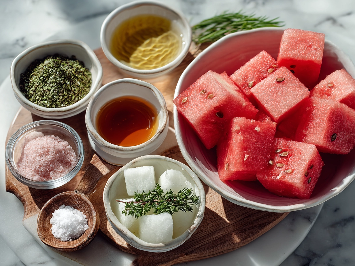 Ingredients for 3 Ingredient Watermelon Sorbet including watermelon cubes, sugar and lime juice