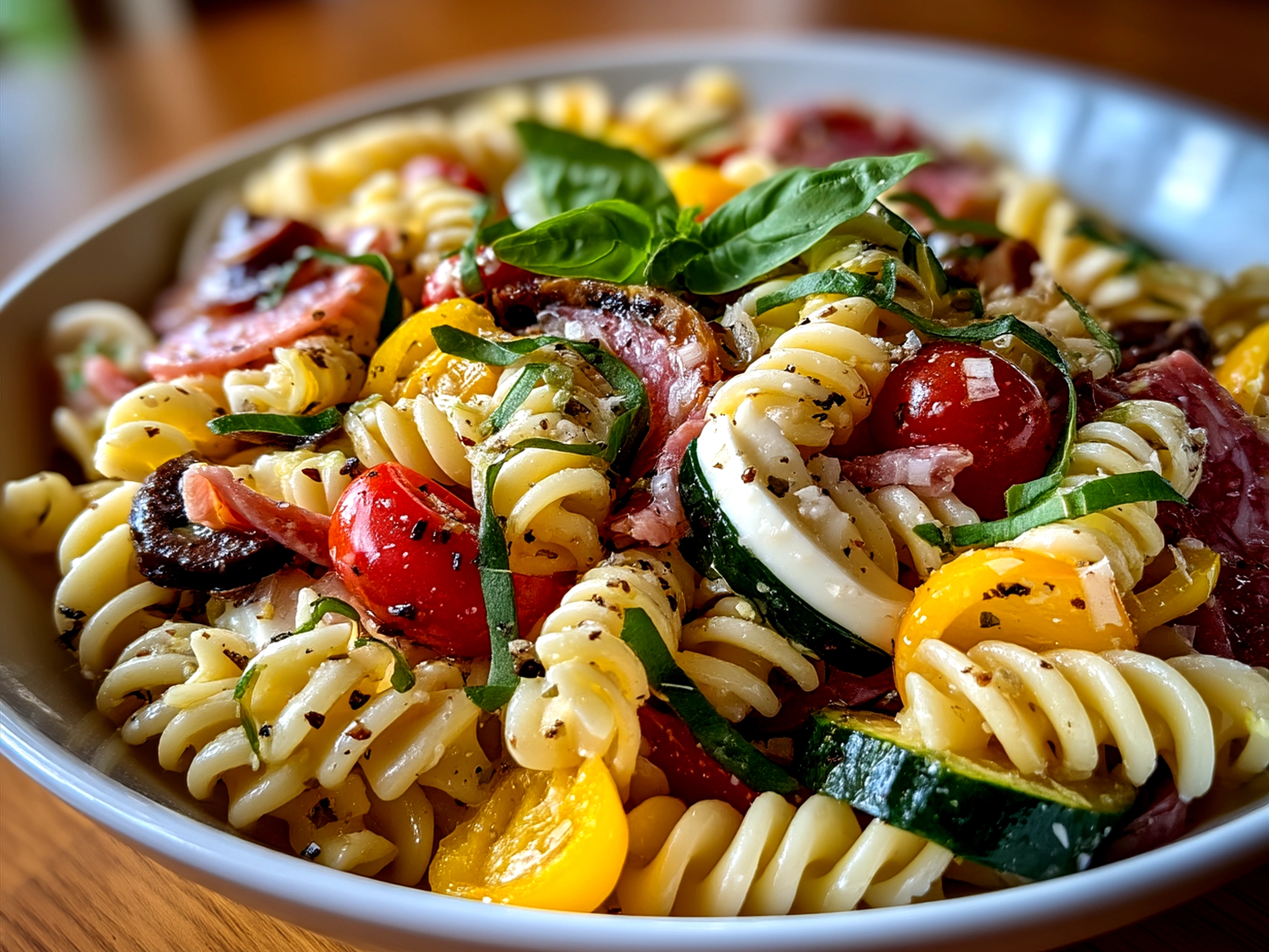 Beautifully presented Antipasto Pasta Salad ready to serve