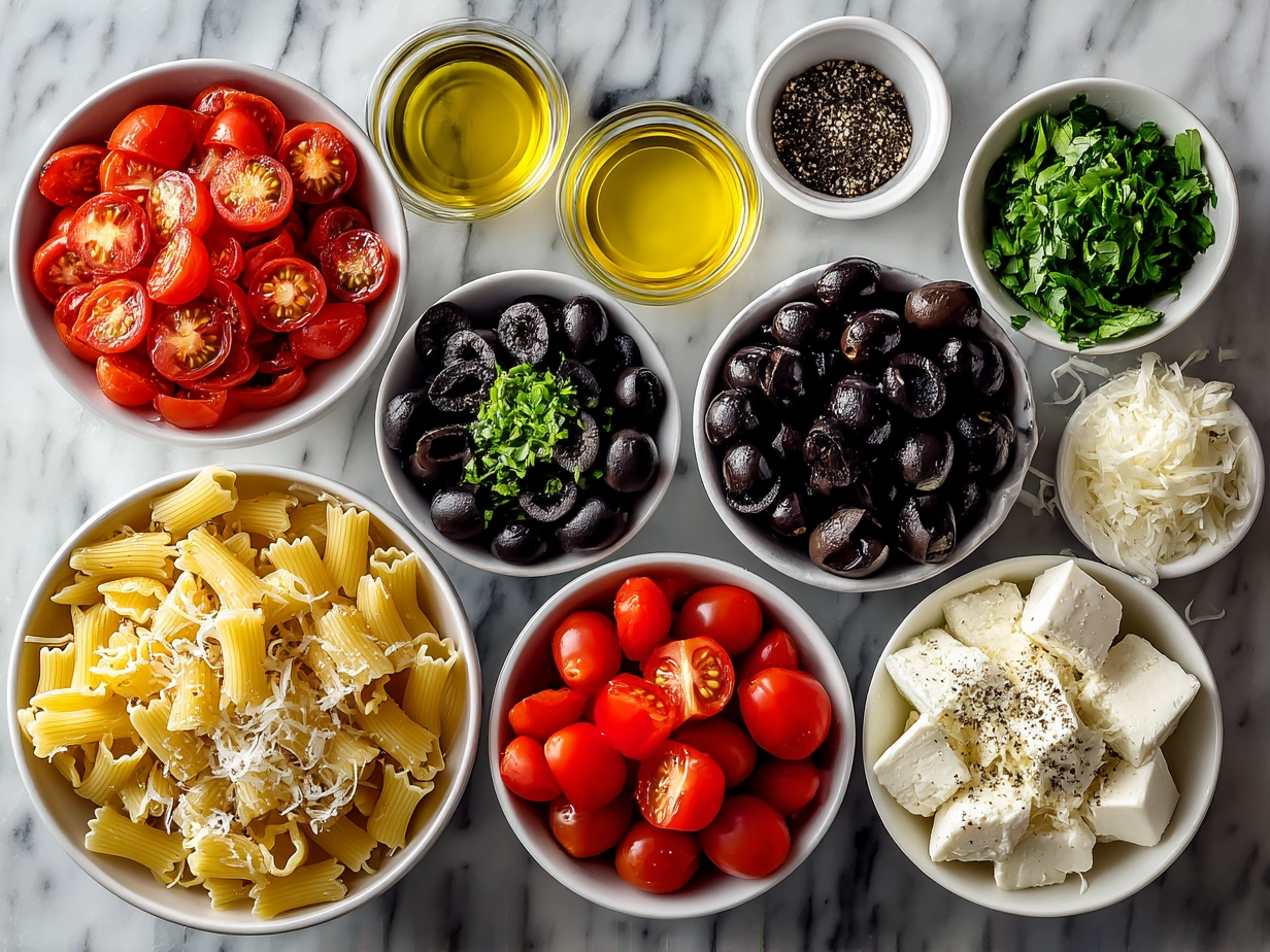 Antipasto Pasta Salad ingredients on a kitchen surface