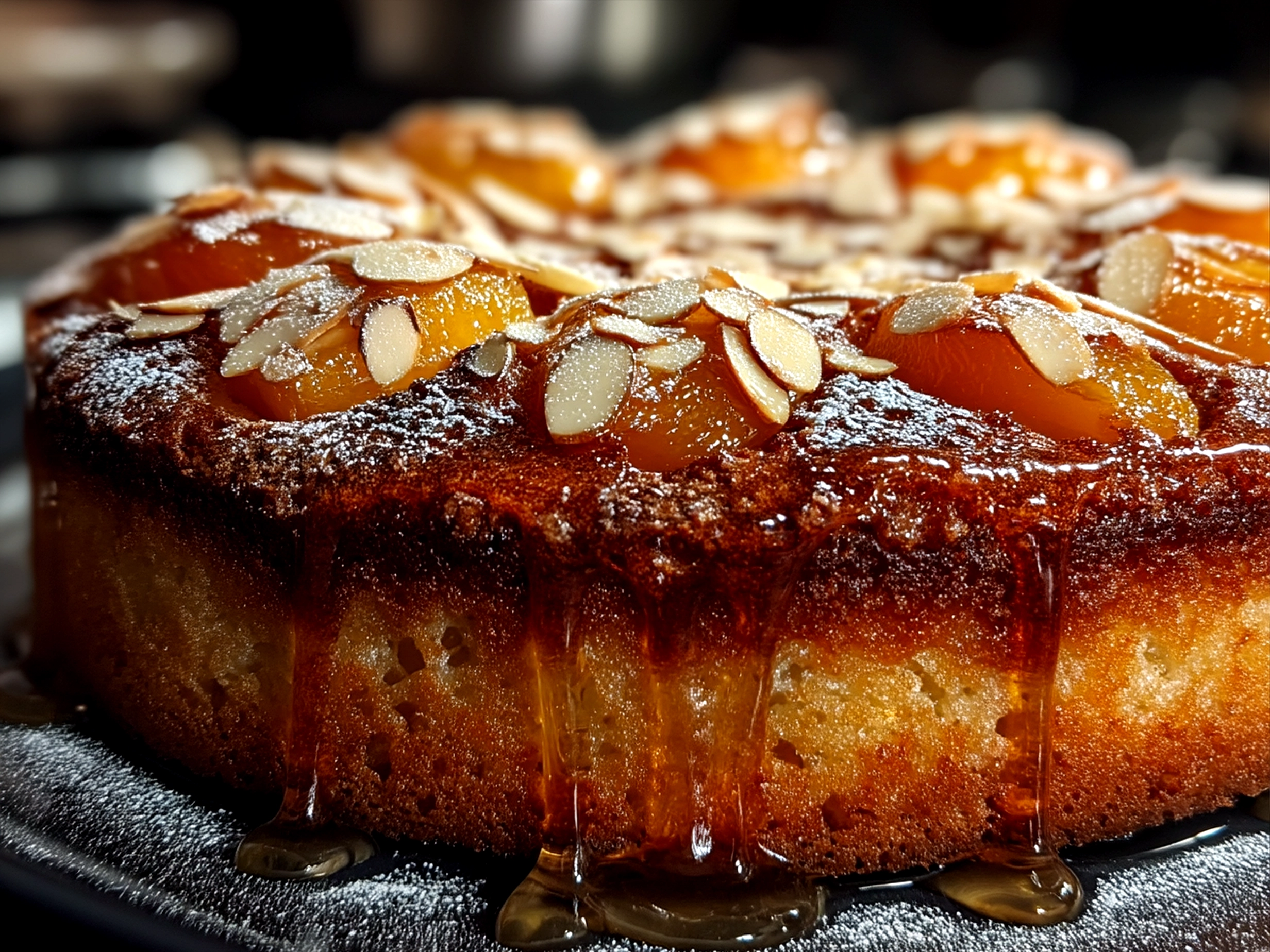 Sliced Apricot and Almond Cake garnished with fresh apricots and dusted with icing sugar