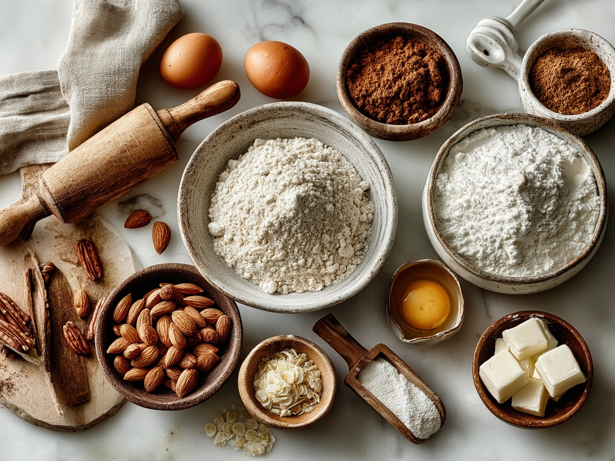 Ingredients for Apricot and Almond Cake including almond flour, eggs, apricots, butter, and sugar
