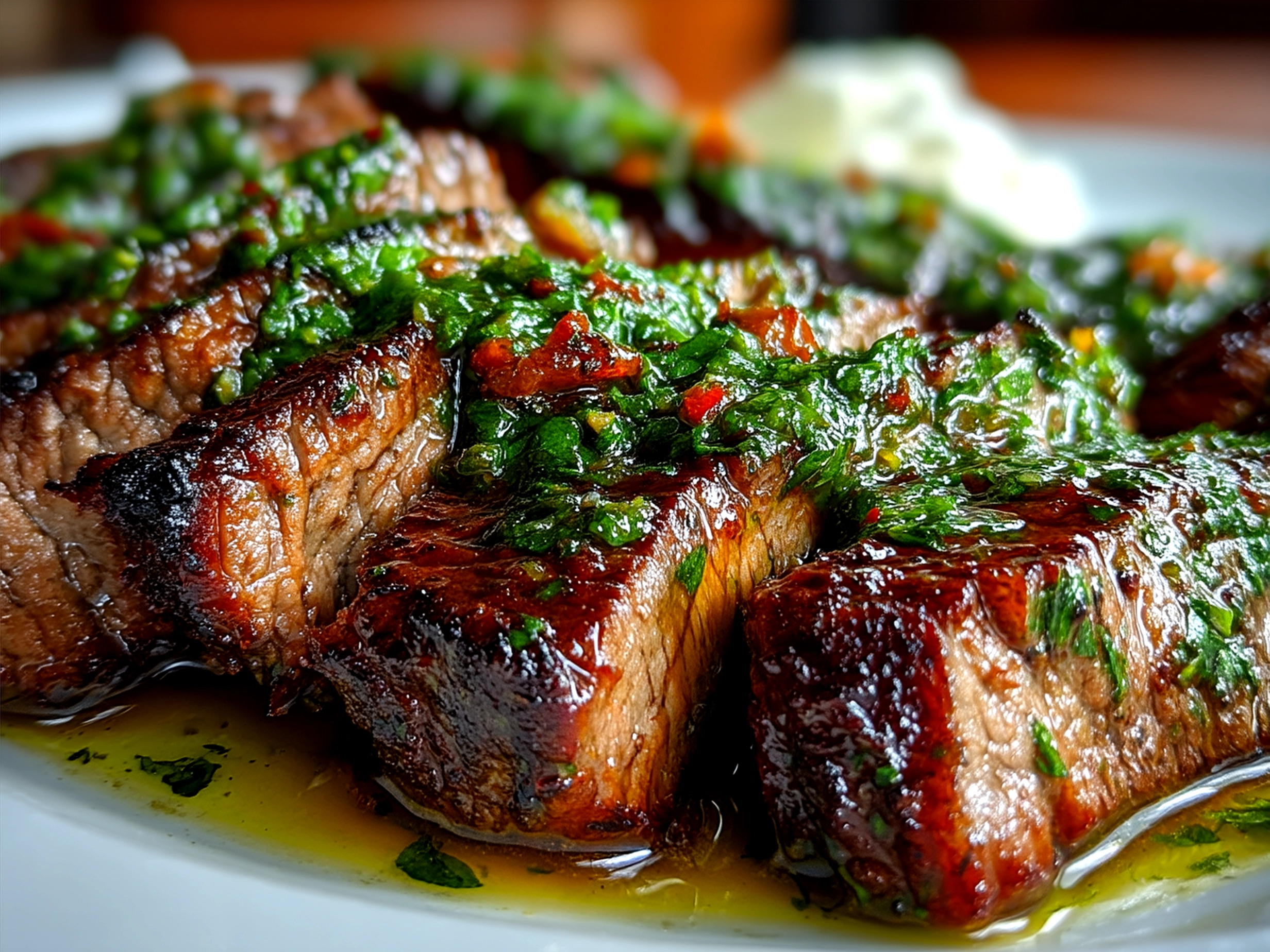Plated Argentine Chimichurri Flank Steak ready to serve