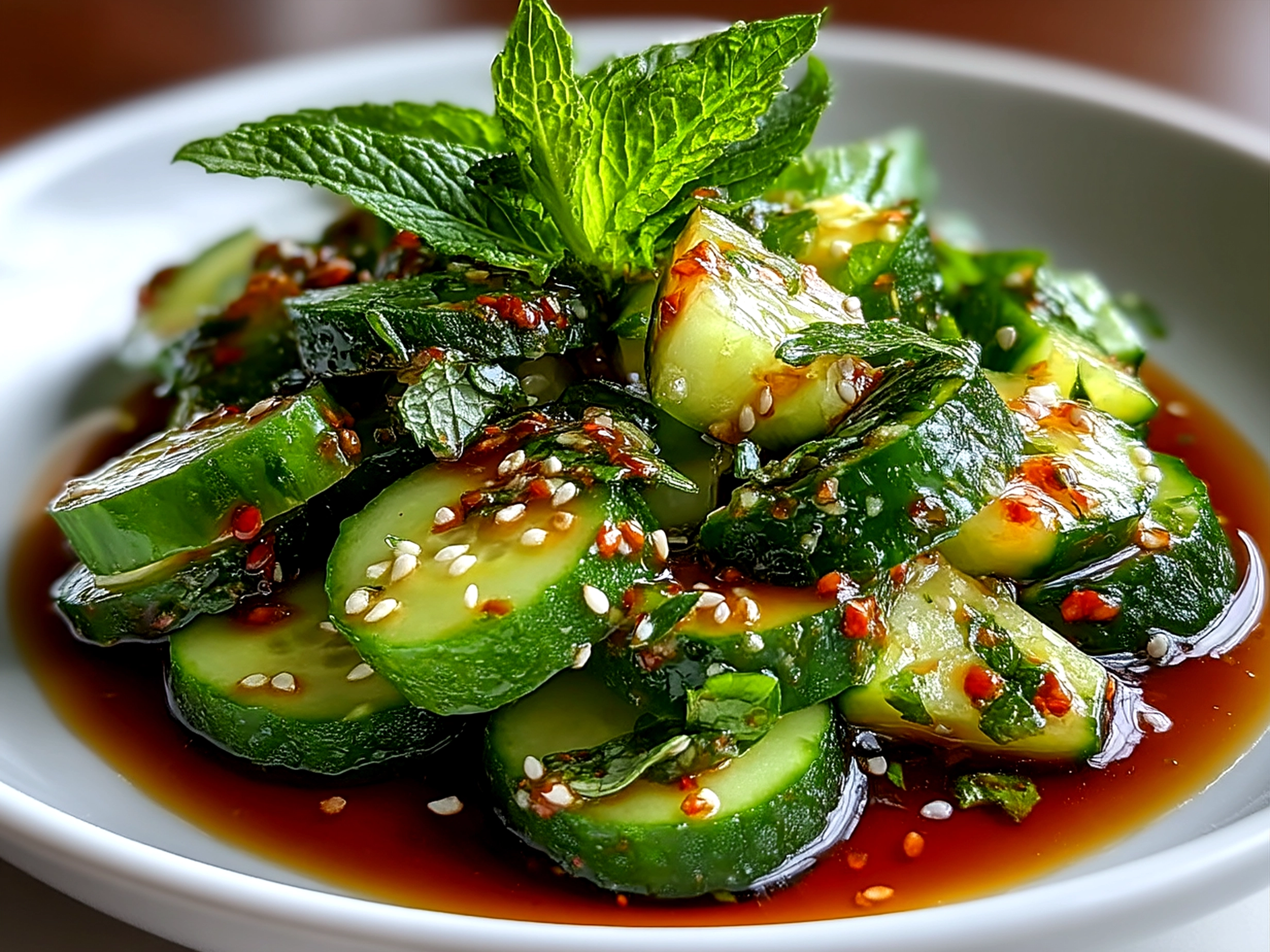 Final presentation of Asian cucumber salad in a bowl garnished with sesame seeds and scallions