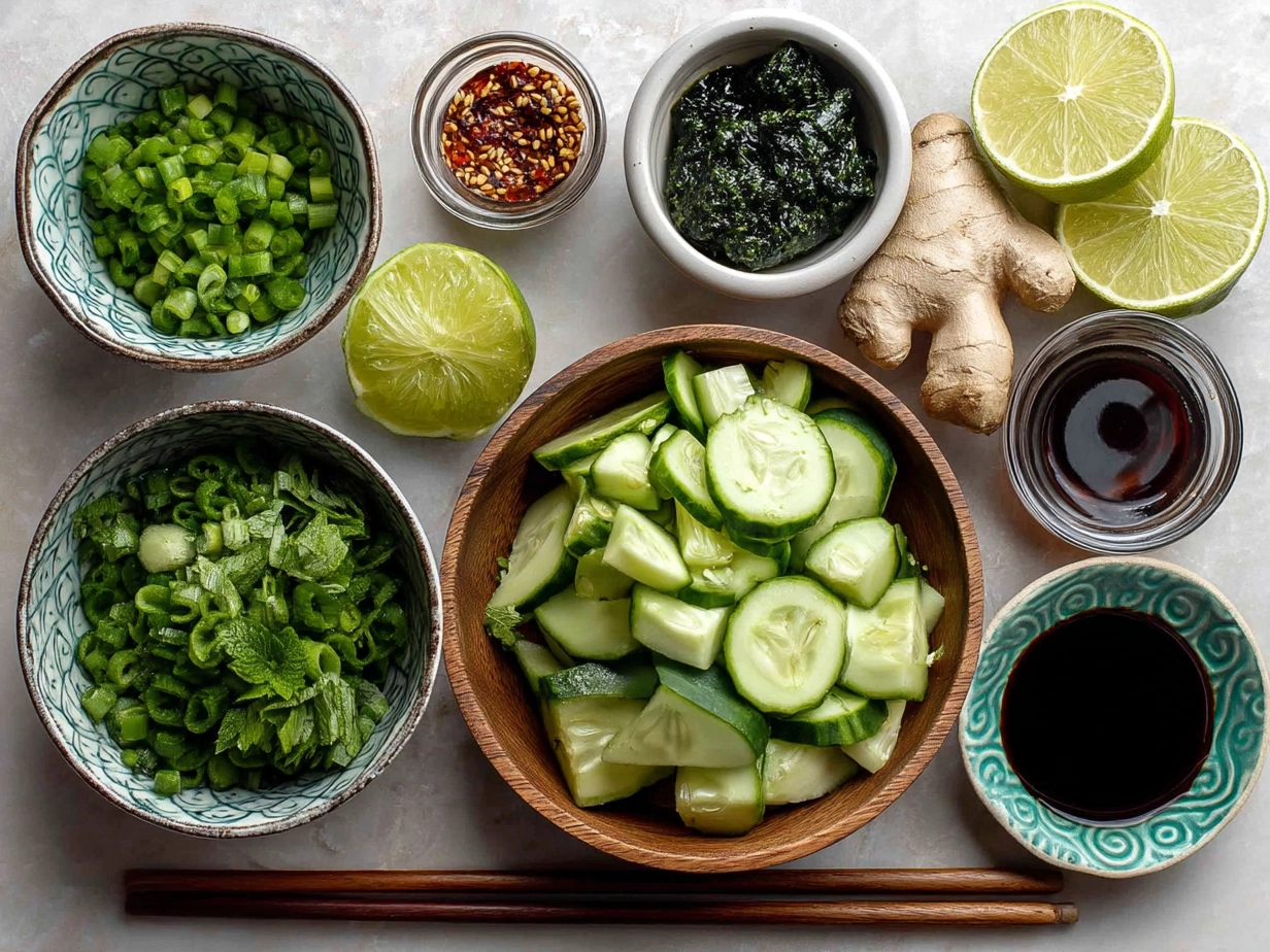 Ingredients for Asian cucumber salad laid out on a table