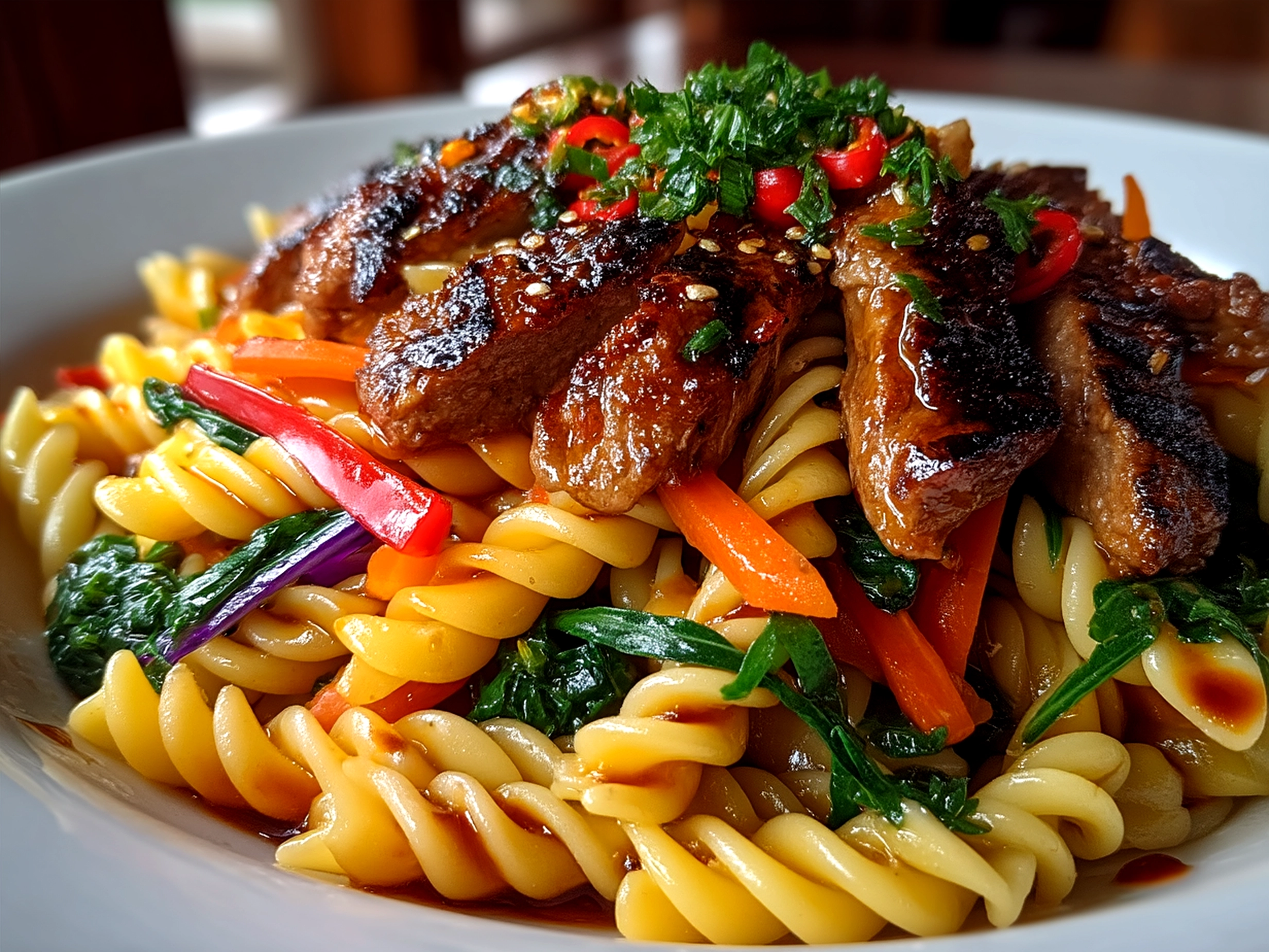 Serving Asian Pasta Salad garnished with cilantro and lime wedges