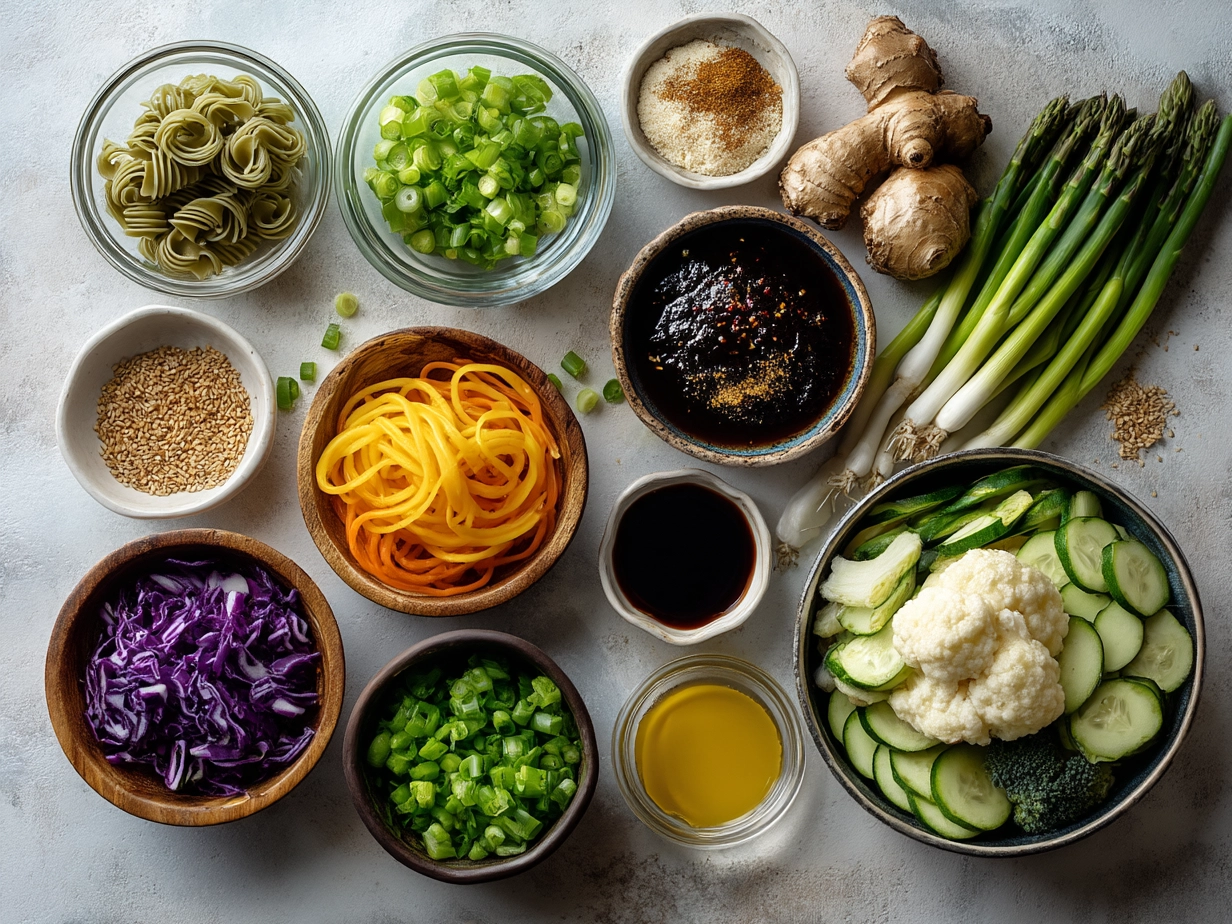 Ingredients for Asian Pasta Salad including pasta, vegetables, and dressing components