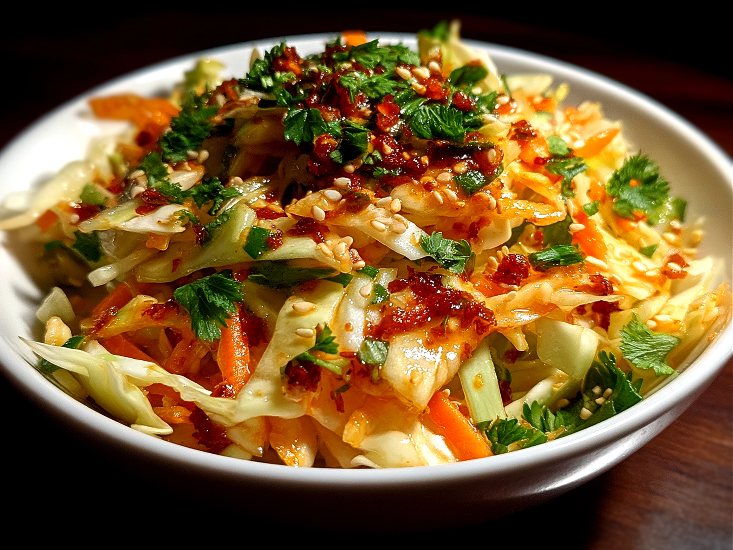 Asian Sesame Slaw served with vibrant vegetables and garnished with toasted sesame seeds and fresh herbs