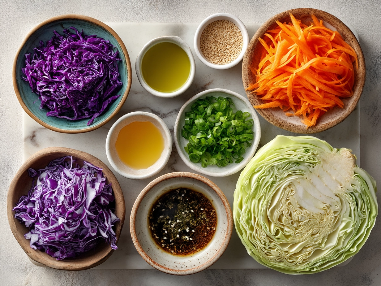 Ingredients laid out for making Asian Sesame Slaw including cabbage, carrots, bell pepper, and sesame dressing components