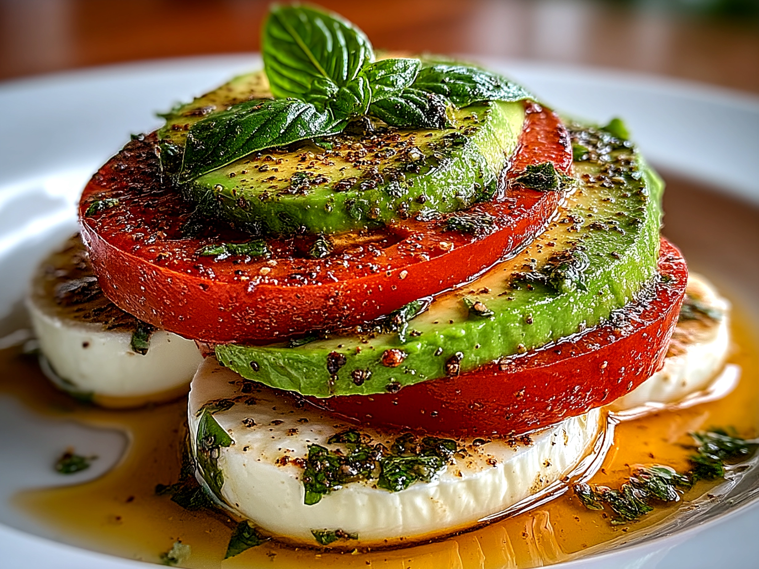 Freshly prepared Avocado Caprese Salad served on a rustic wooden board