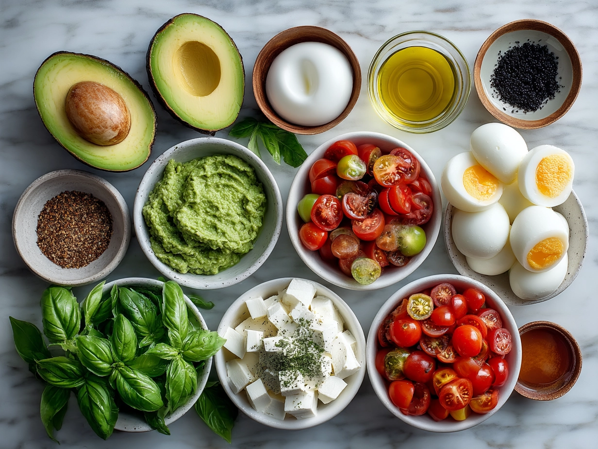 Ingredients for Avocado Caprese Salad including avocados, tomatoes, mozzarella, and basil