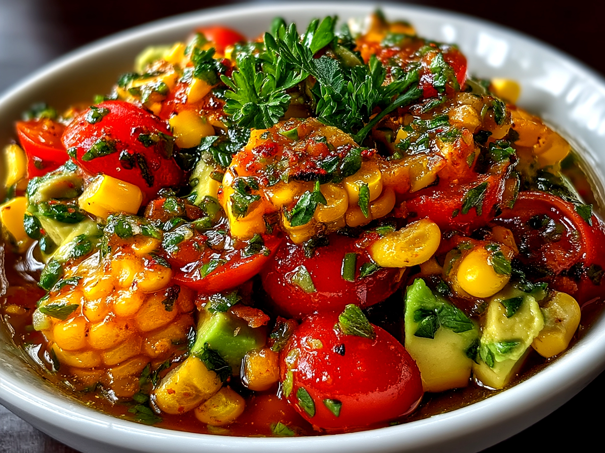 Avocado Corn Salsa served with tortilla chips and lime wedges