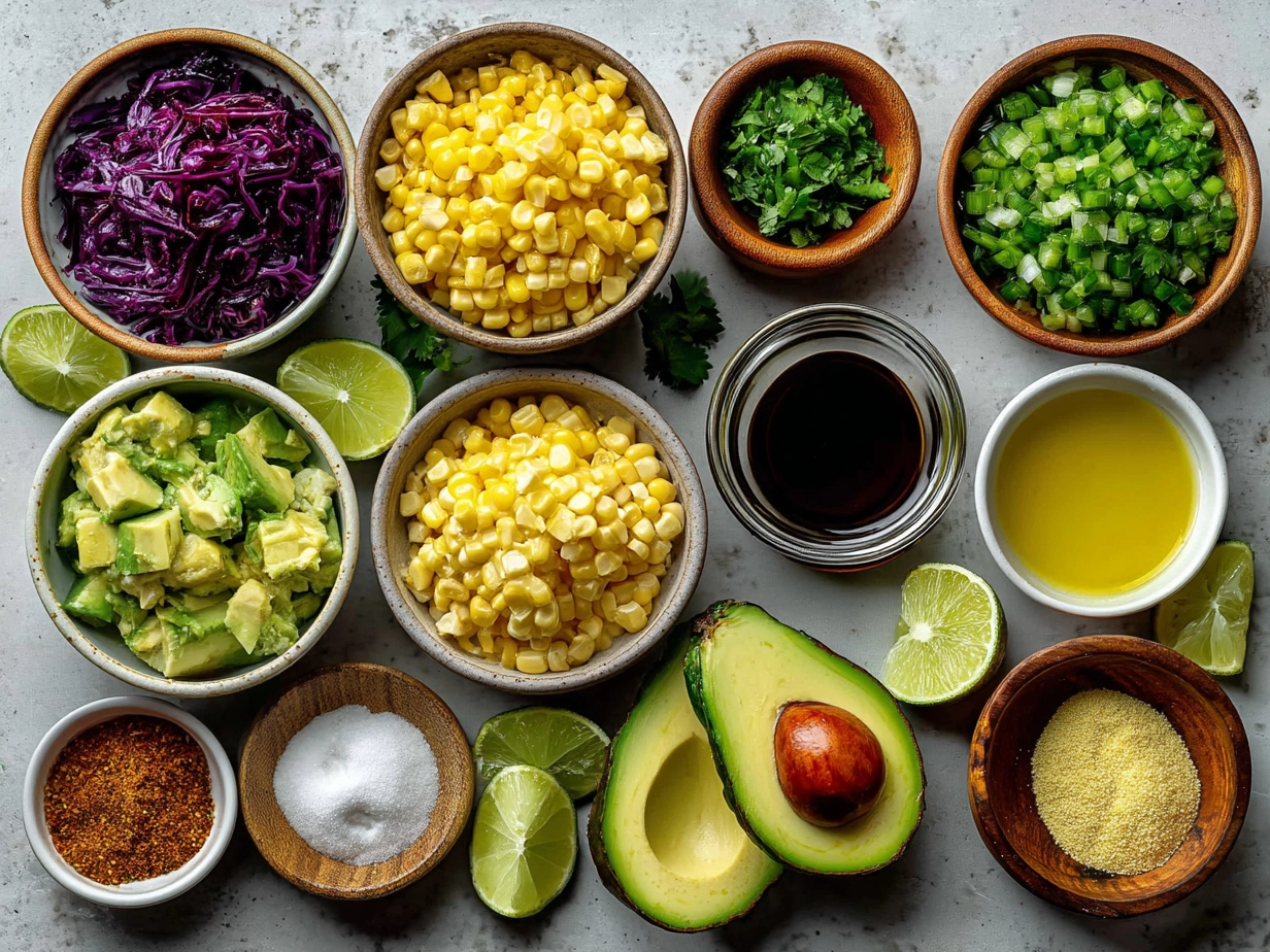 Fresh ingredients for Avocado Corn Salsa including avocado, corn, tomatoes, jalapeño, and cilantro