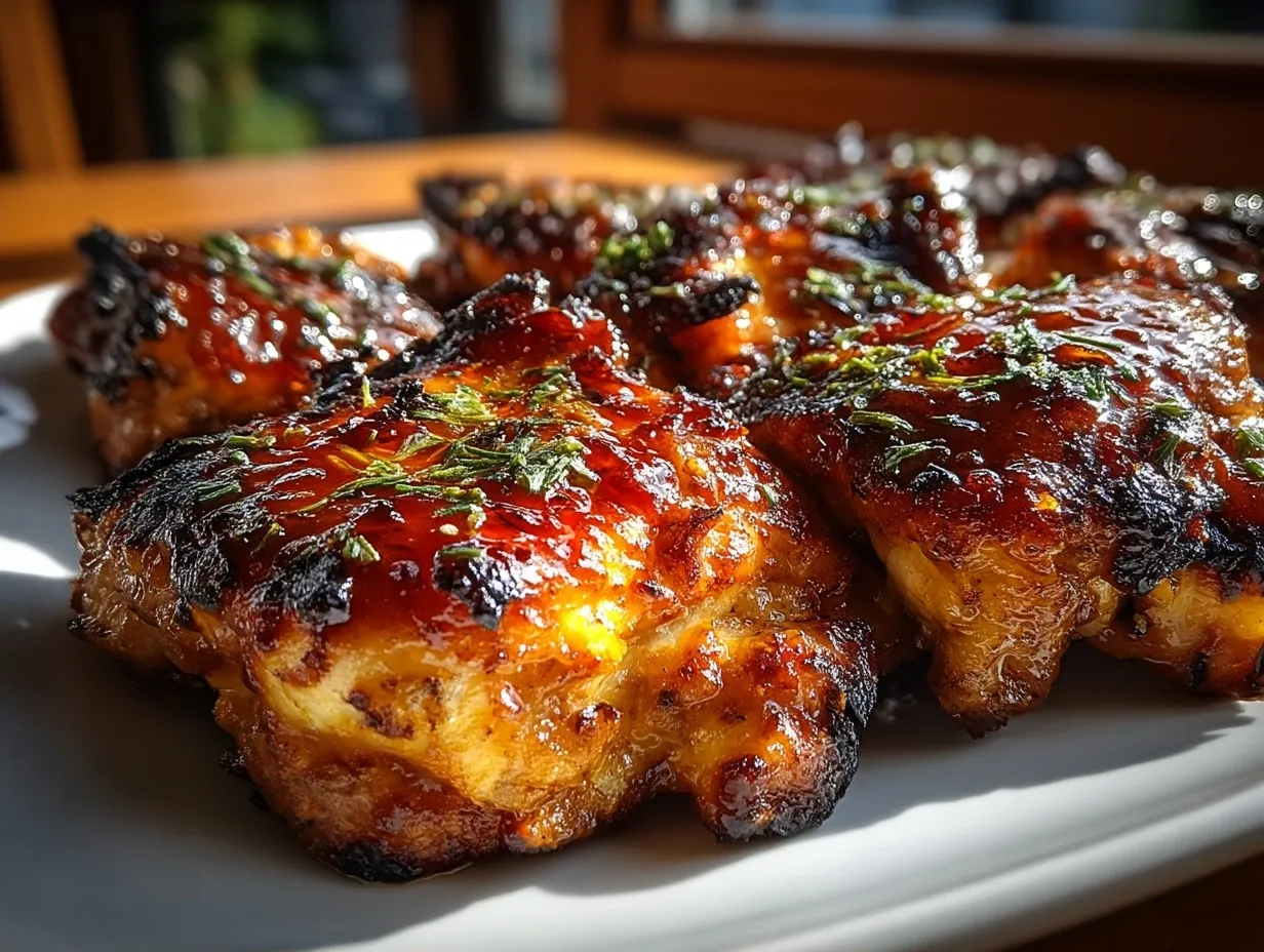 Plated baked BBQ chicken thighs served with side dishes and garnishes