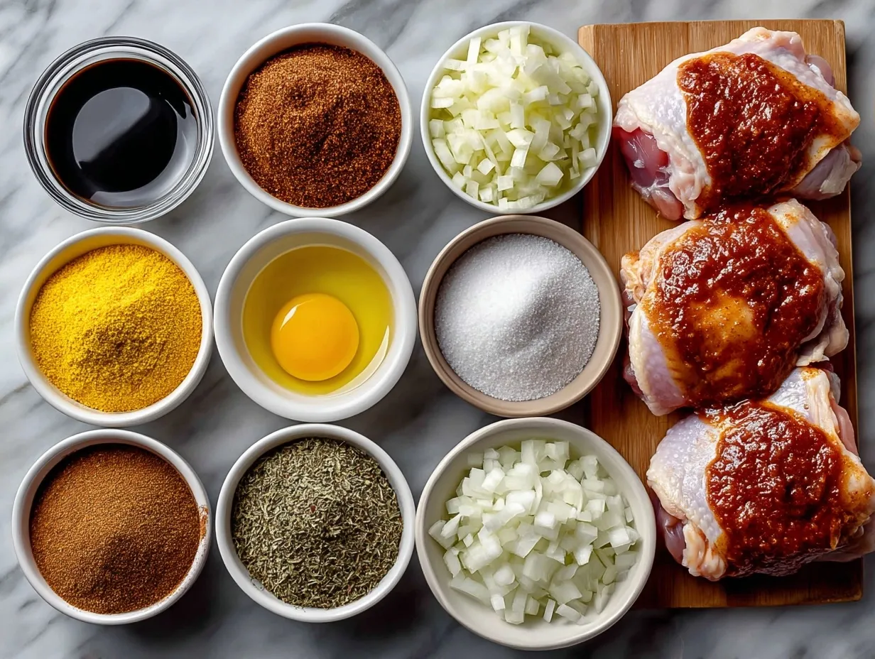 Ingredients laid out for baked BBQ chicken thighs including chicken, spices, and BBQ sauce