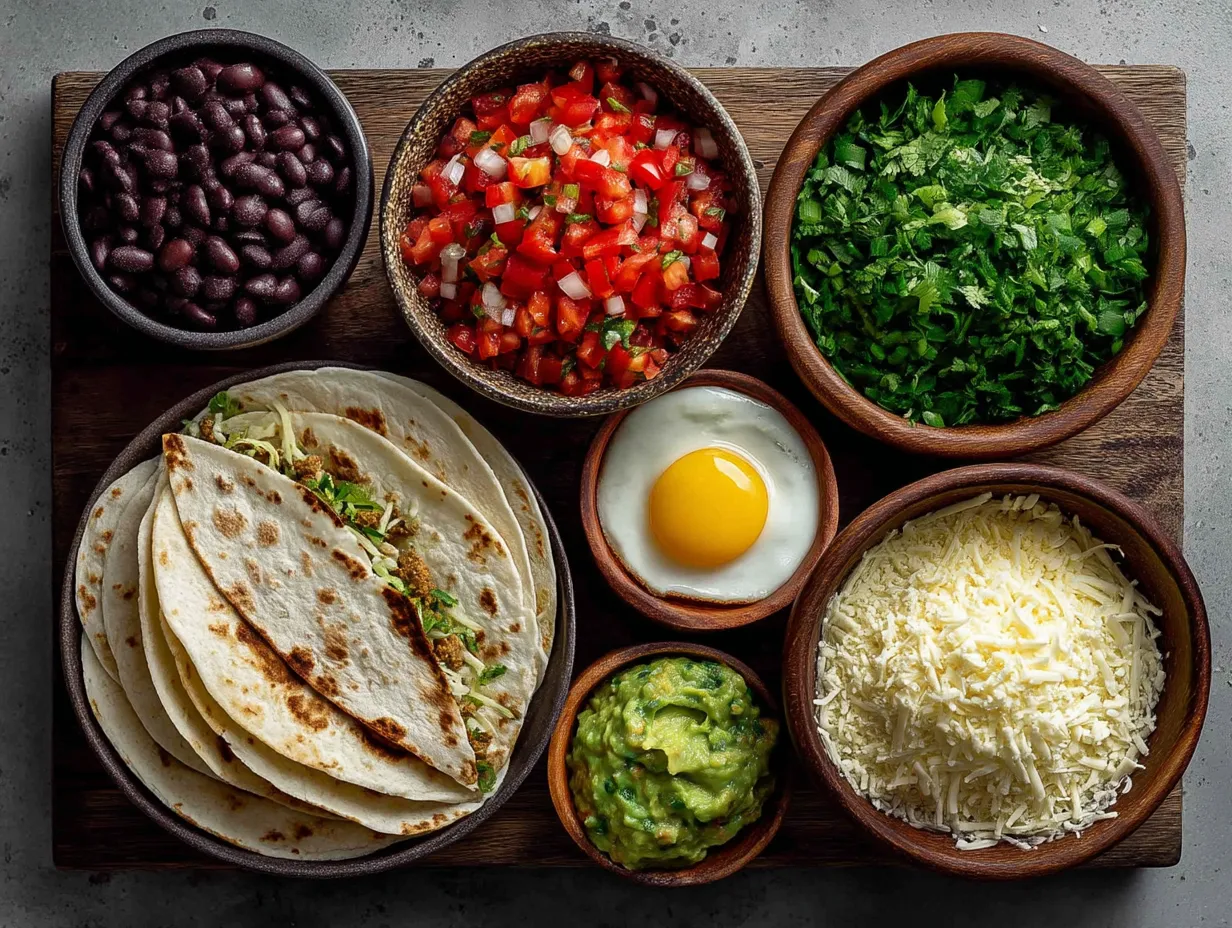 Ingredients for crispy baked tacos including taco shells, ground beef, cheese, beans, tomatoes, and avocado