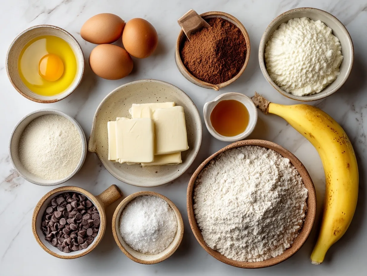 Ingredients for homemade banana bread on a table