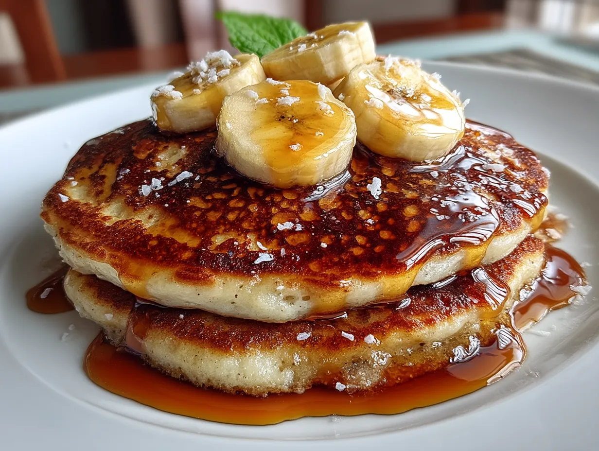 Stack of fluffy banana pancakes served with syrup and nuts