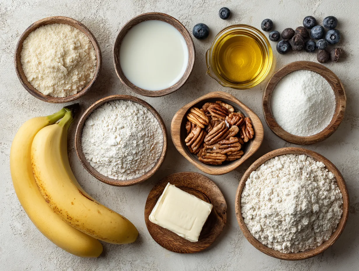Ingredients for making fluffy banana pancakes