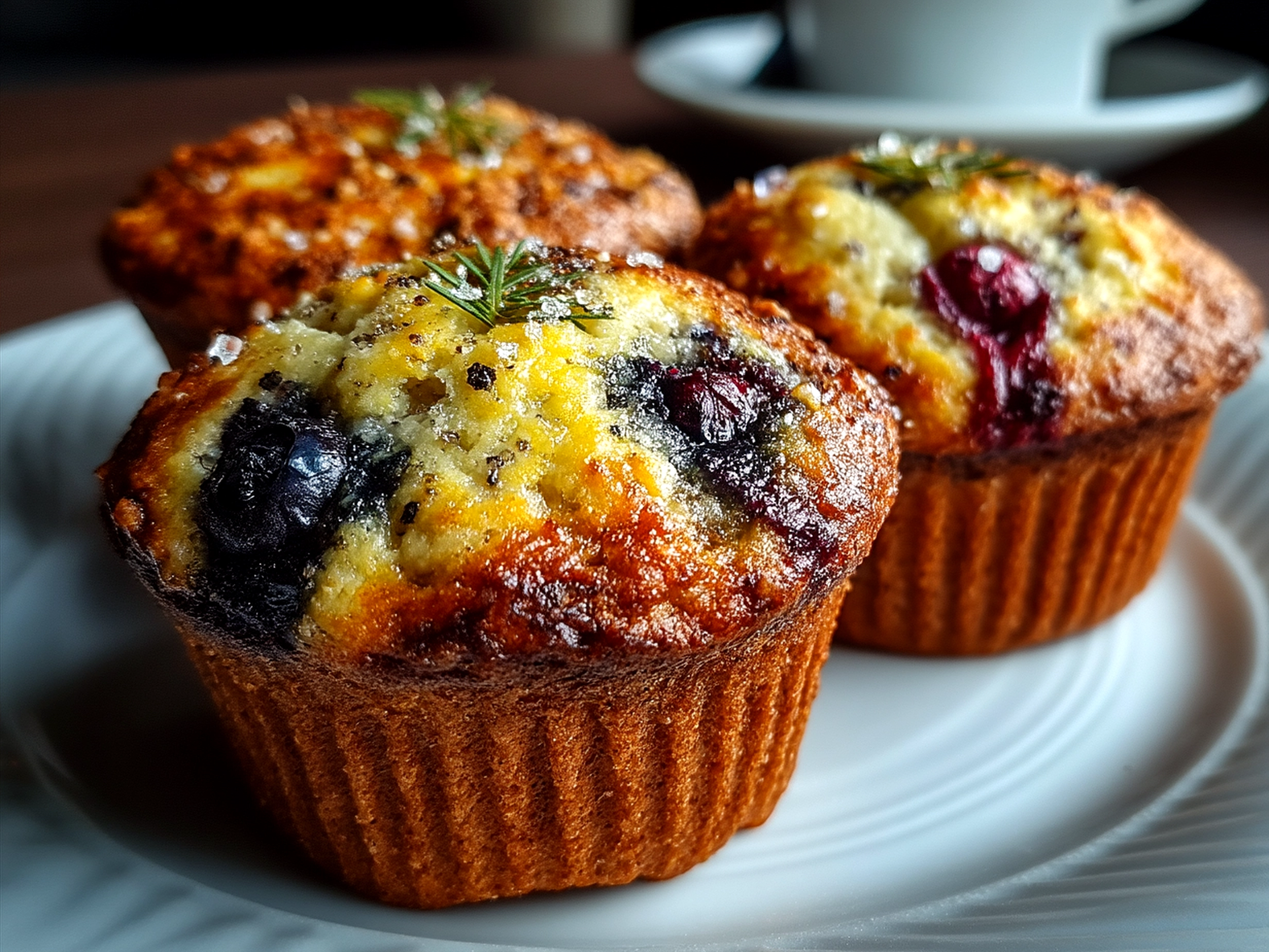 Freshly baked Banana Blueberry Muffins served on a plate