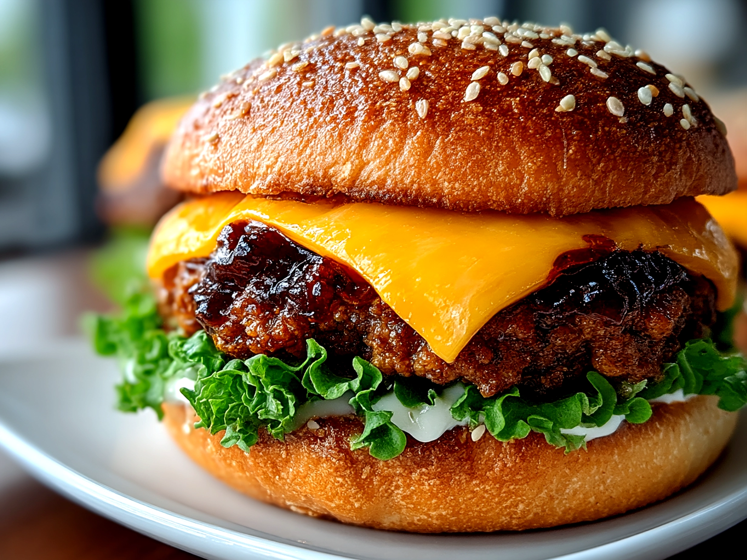 Plate presentation of a BBQ Cheddar Burger with fresh vegetables and side dishes