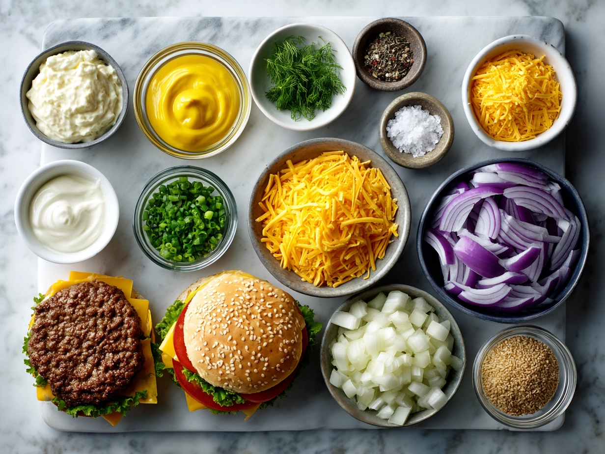 Ingredients laid out for BBQ Cheddar Burger including ground beef, sharp cheddar cheese, buns, barbecue sauce, bacon, vegetables, and seasonings