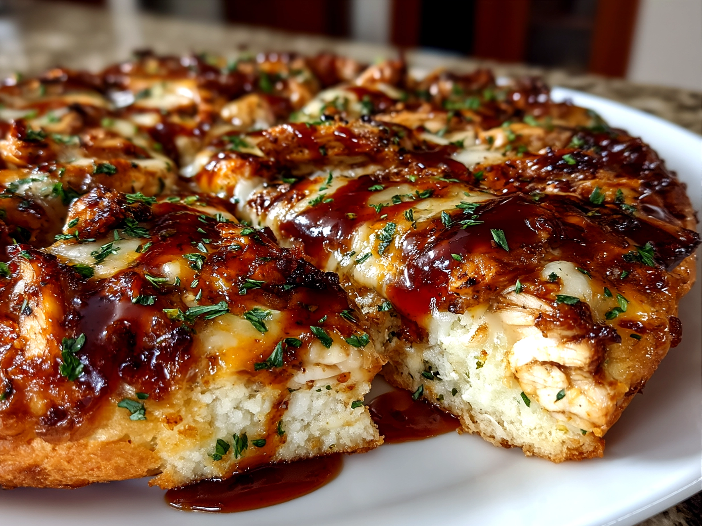 Freshly baked BBQ Chicken Pizza served on rustic wooden boards
