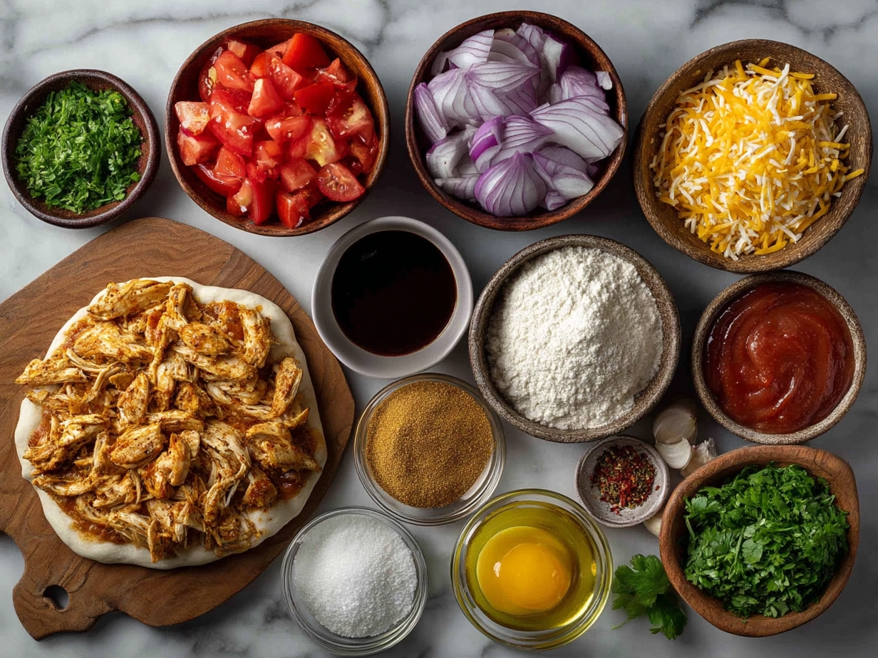 Ingredients laid out for making BBQ Chicken Pizza