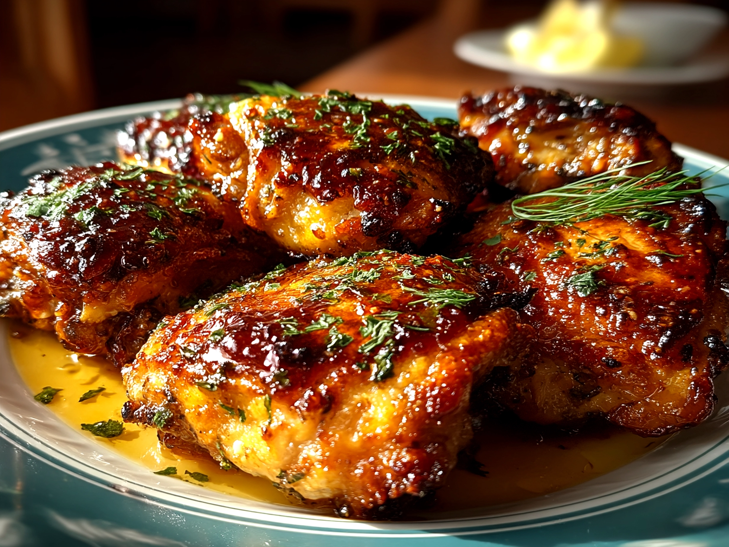 Plated crispy BBQ chicken thighs served with sides and garnished with fresh herbs