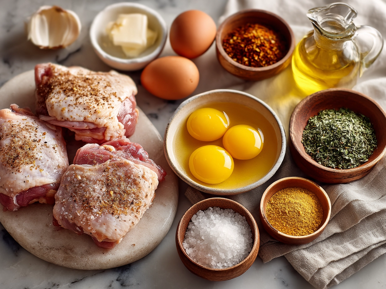 Ingredients for BBQ Chicken Thighs including chicken thighs, olive oil, spices, and sauces