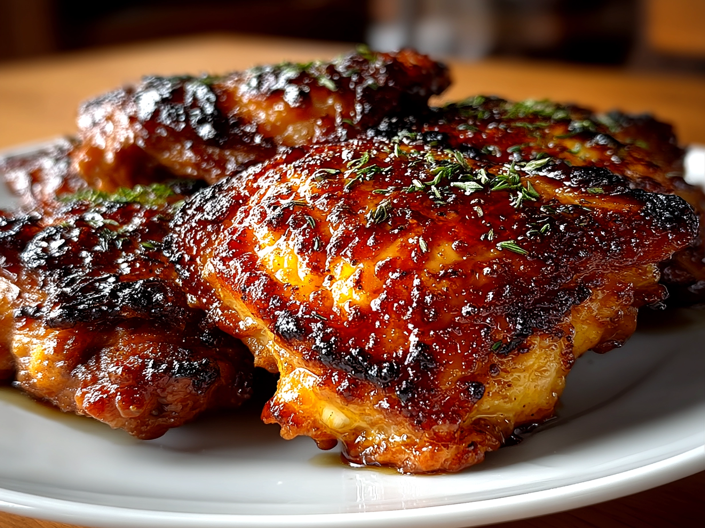 Serving plate with crispy oven roasted bbq chicken thighs with sides