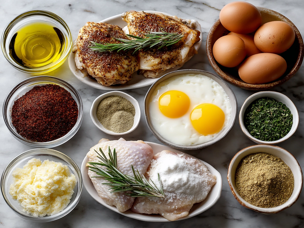 Ingredients laid out for bbq chicken thighs in oven including chicken thighs, spices, barbecue sauce, and oils