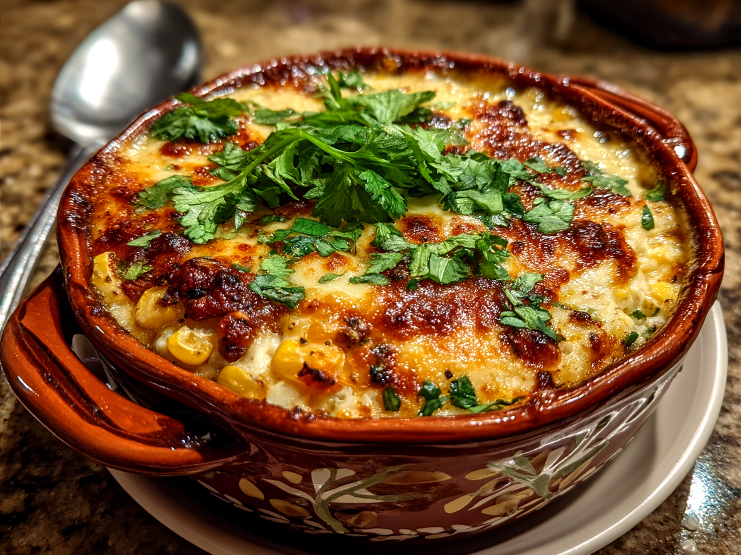 Serve BBQ Corn Dip warm with chips and garnishes