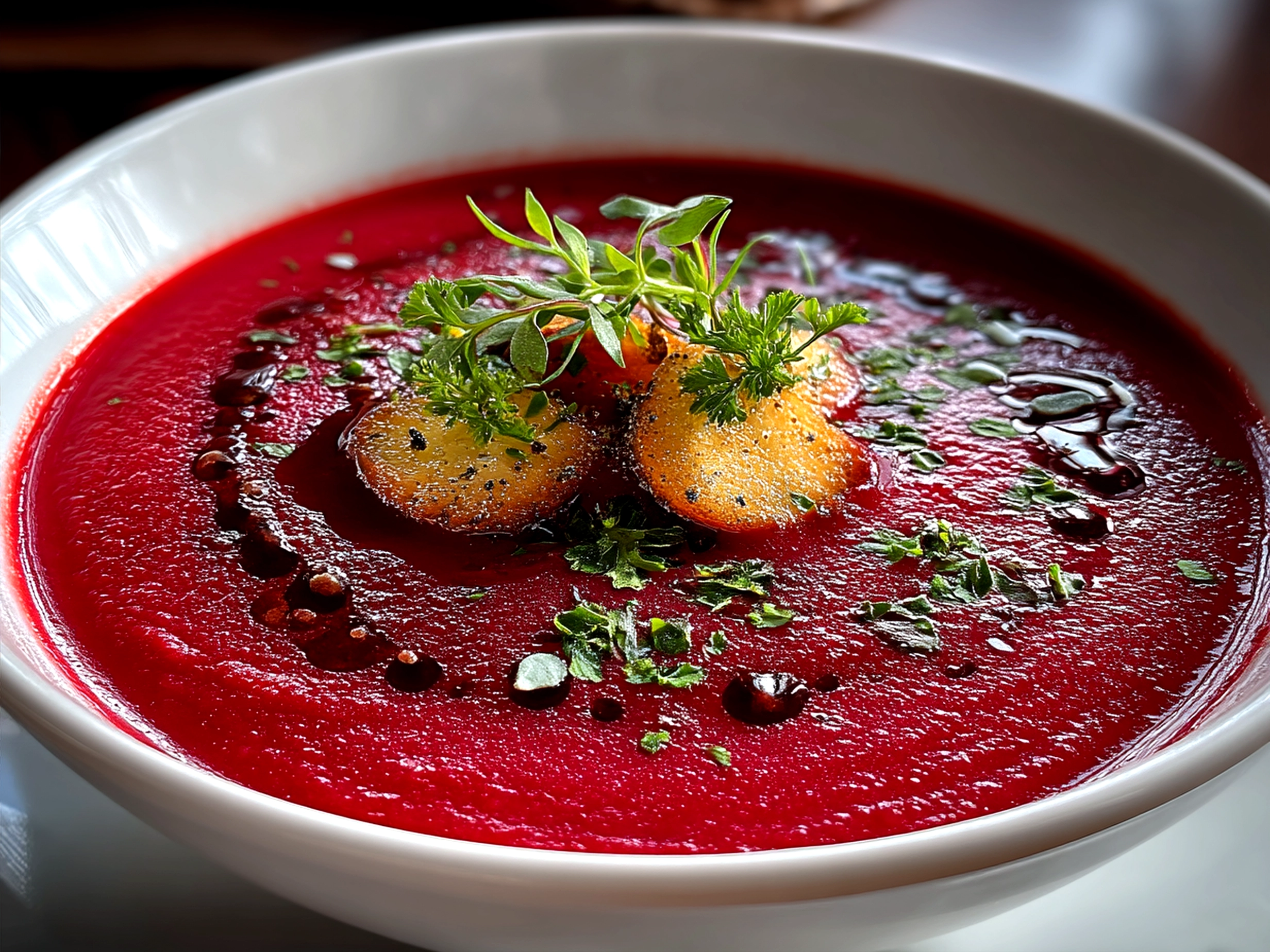 Serving beet gazpacho in simple bowls garnished with parsley
