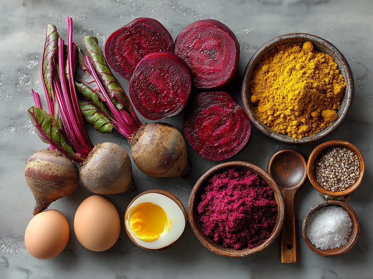 Ingredients for vibrant beet hummus on a rustic table