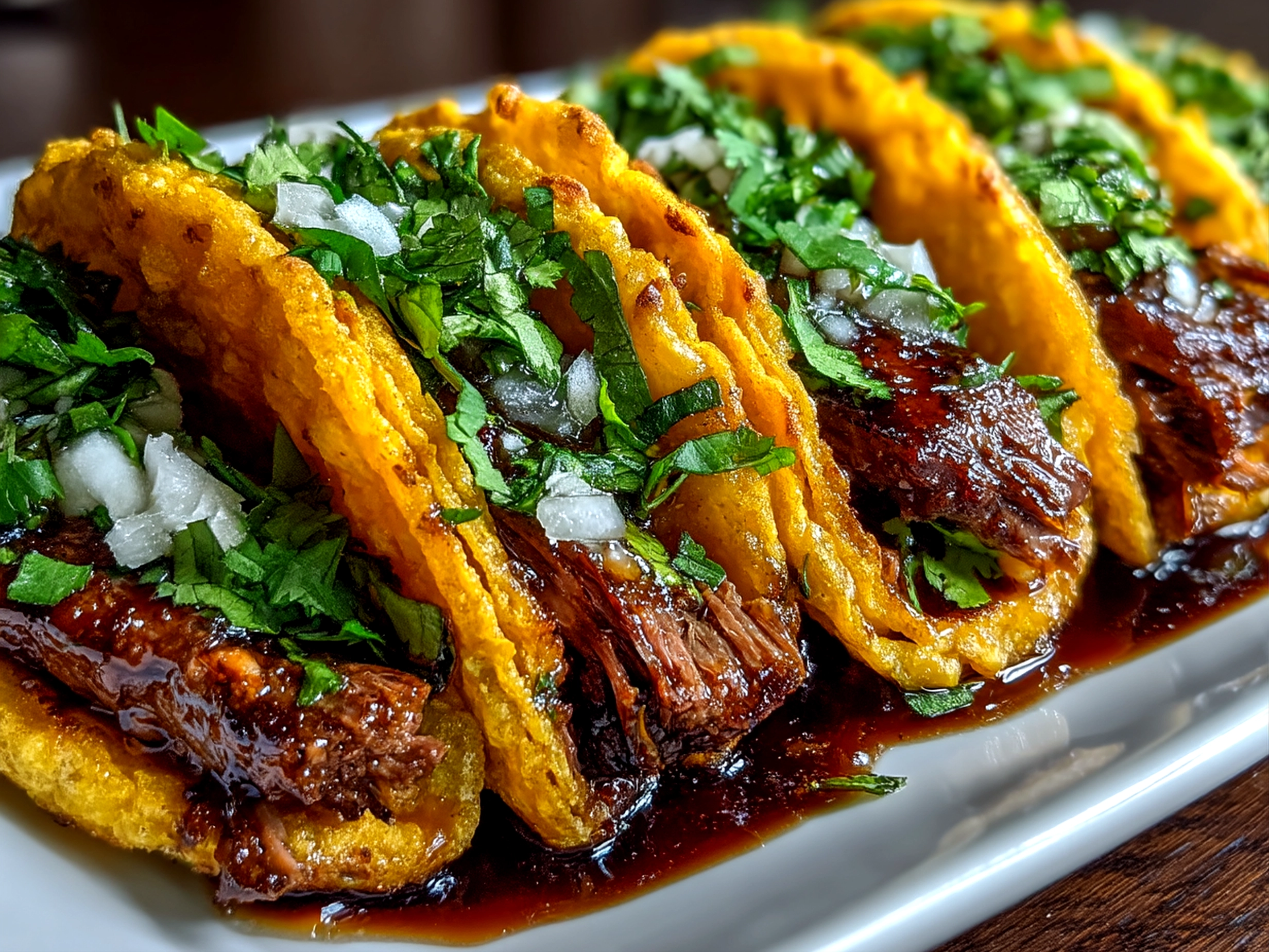 Finished Birria Beef Tacos served with garnishes on a platter