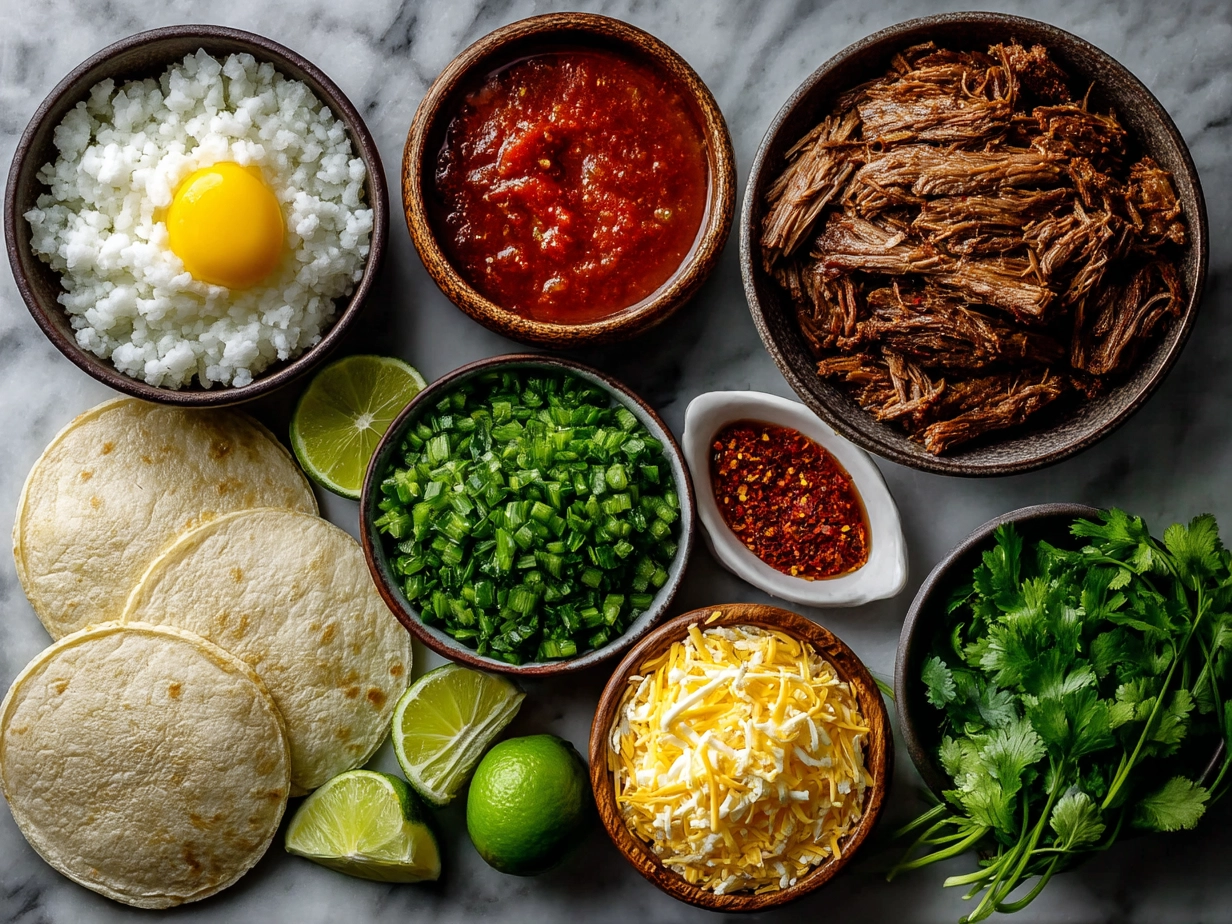 Ingredients for Birria Beef Tacos laid out on a counter