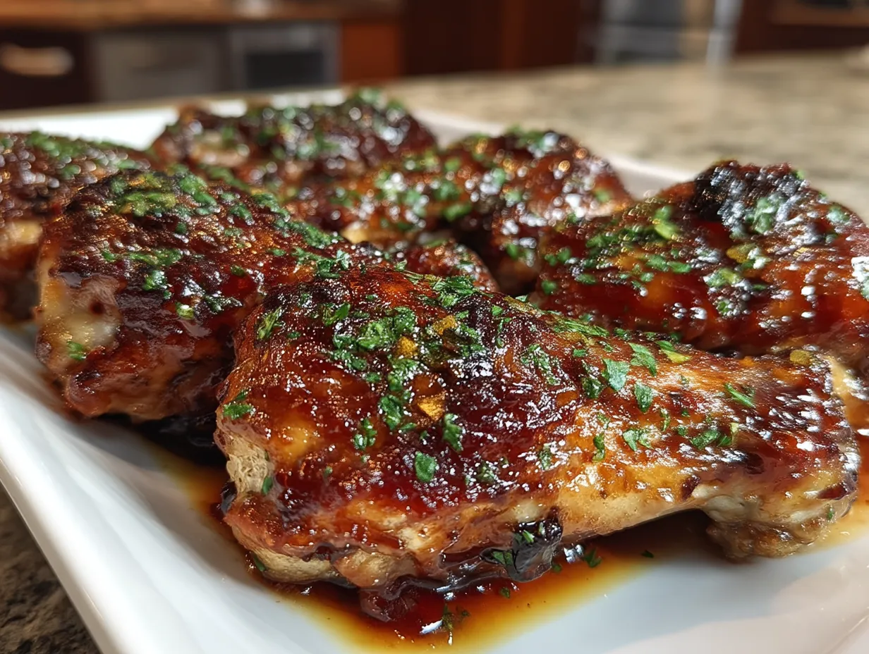 Beautifully plated Black Cherry Drumsticks garnished with fresh herbs