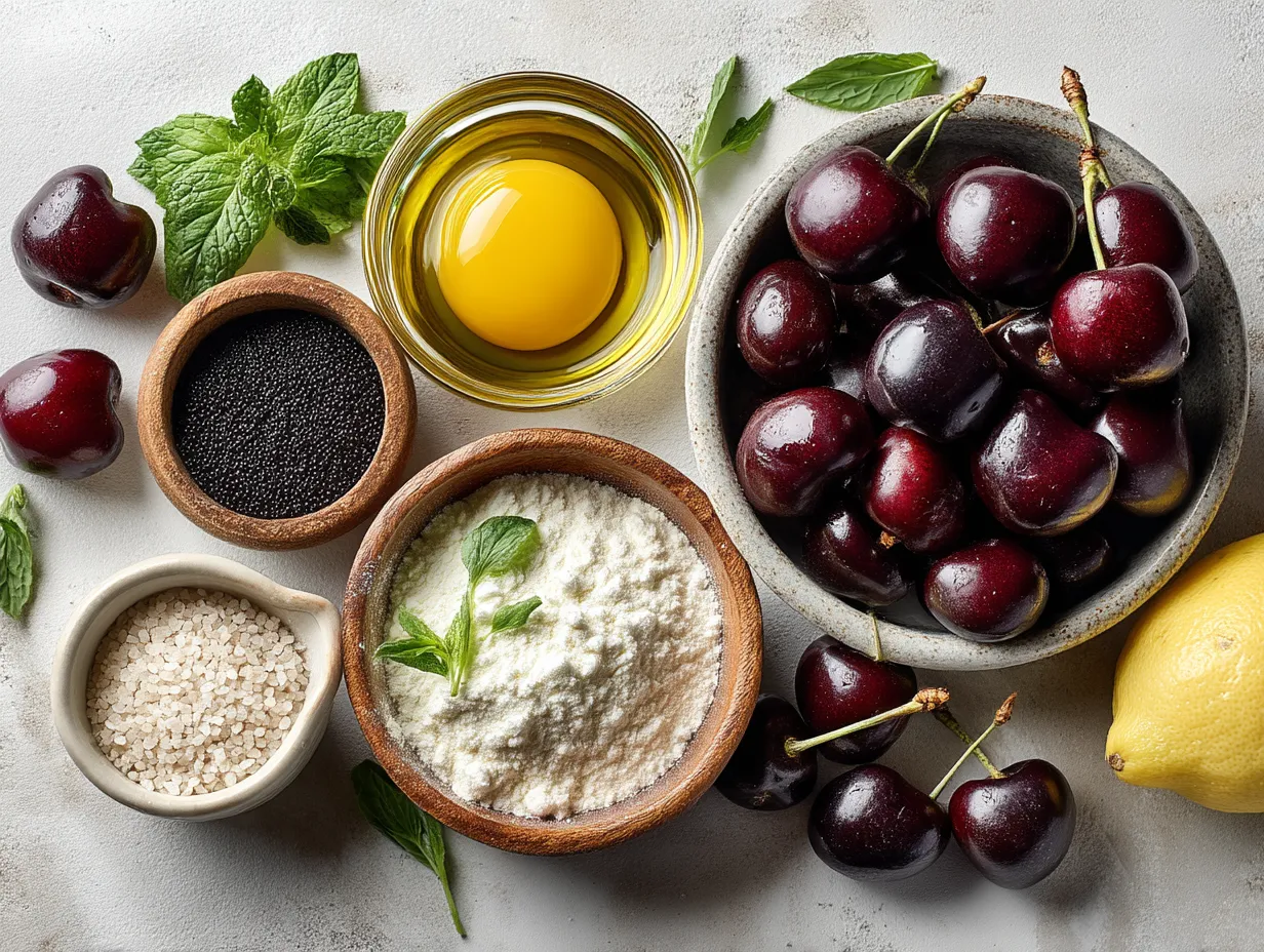 Ingredients for Black Cherry Drumsticks including fresh cherries, spices, and marinade elements