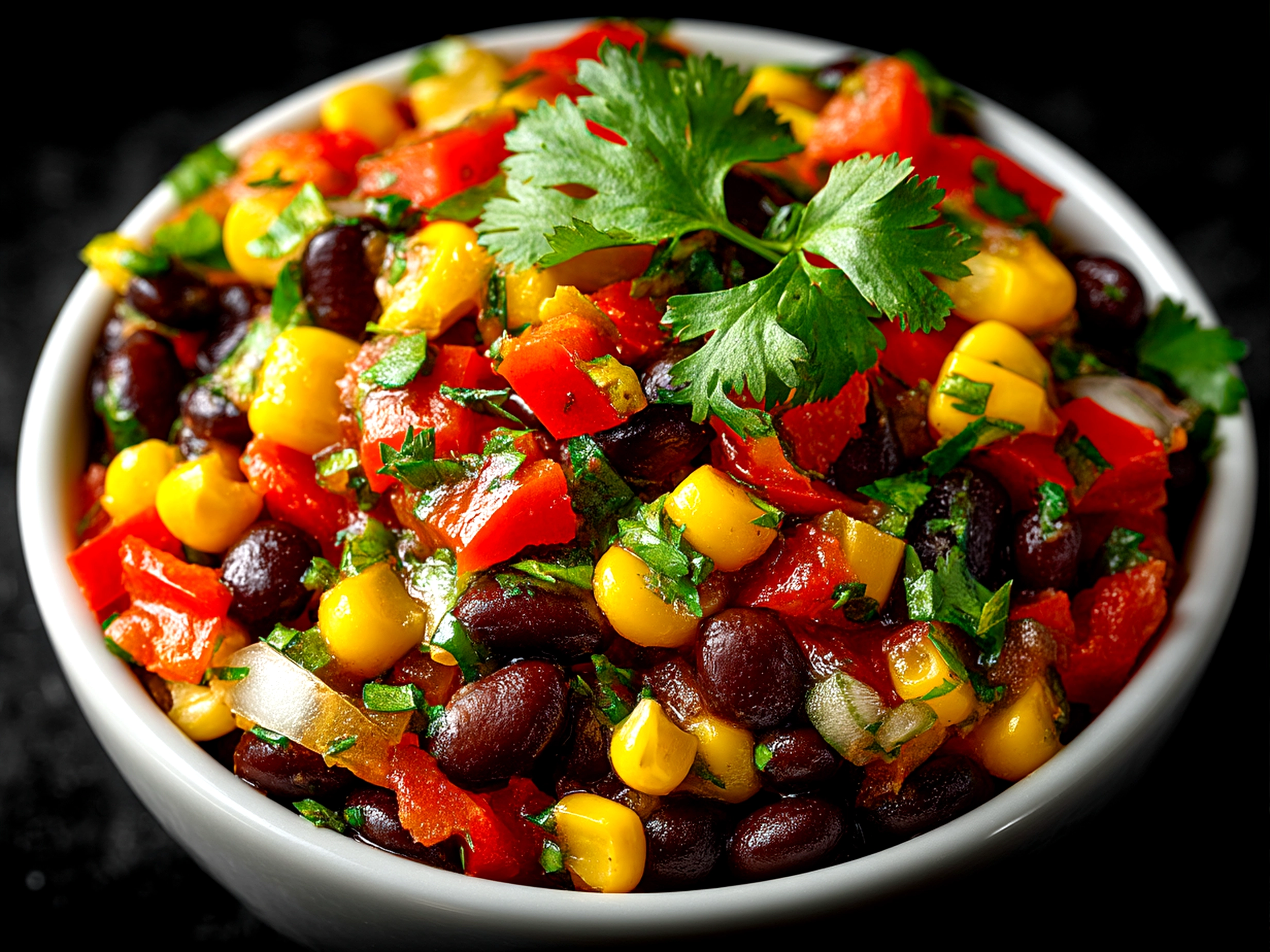 Freshly served Black Bean Corn Salsa in a bowl with tortilla chips