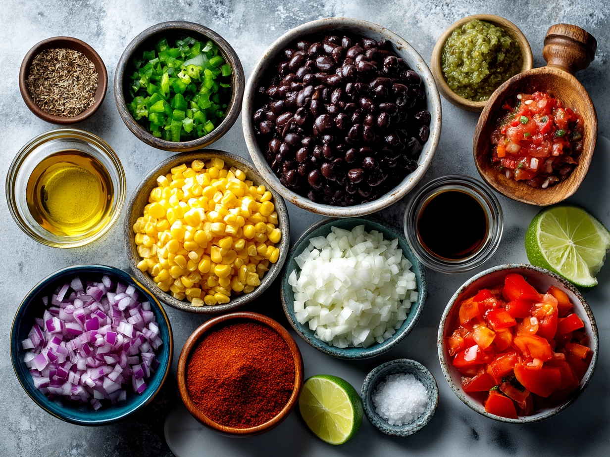 Ingredients for Black Bean Corn Salsa: black beans, corn, tomato, red bell pepper, red onion, jalapeño, cilantro, lime, olive oil, cumin, salt, and pepper