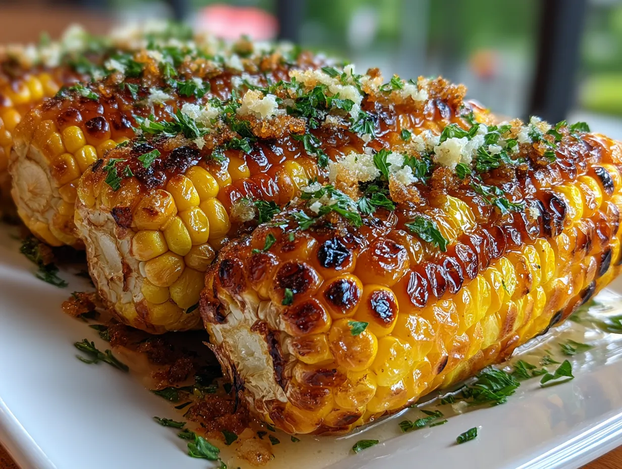 Rustic wooden board with Blackstone grilled corn on the cob garnished with butter, lime wedges, and cilantro