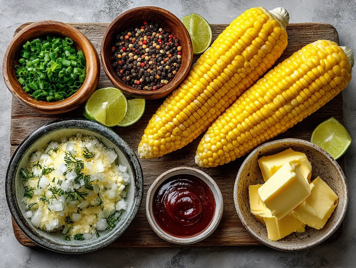Fresh ingredients for Blackstone grilled corn on the cob including corn ears, spices, and butter