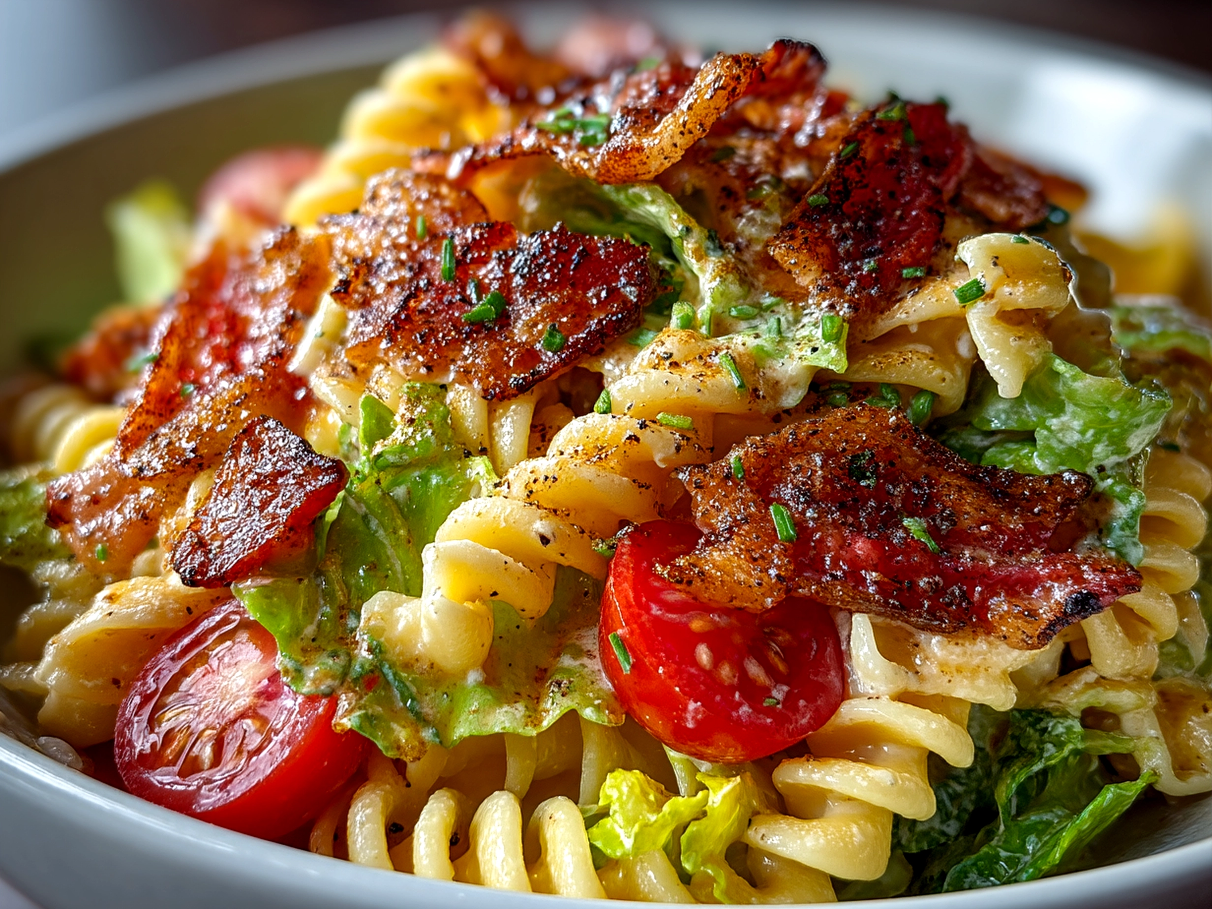Served vegetarian BLT pasta salad showcasing fresh tomatoes, lettuce, and smoky bits with herb garnish