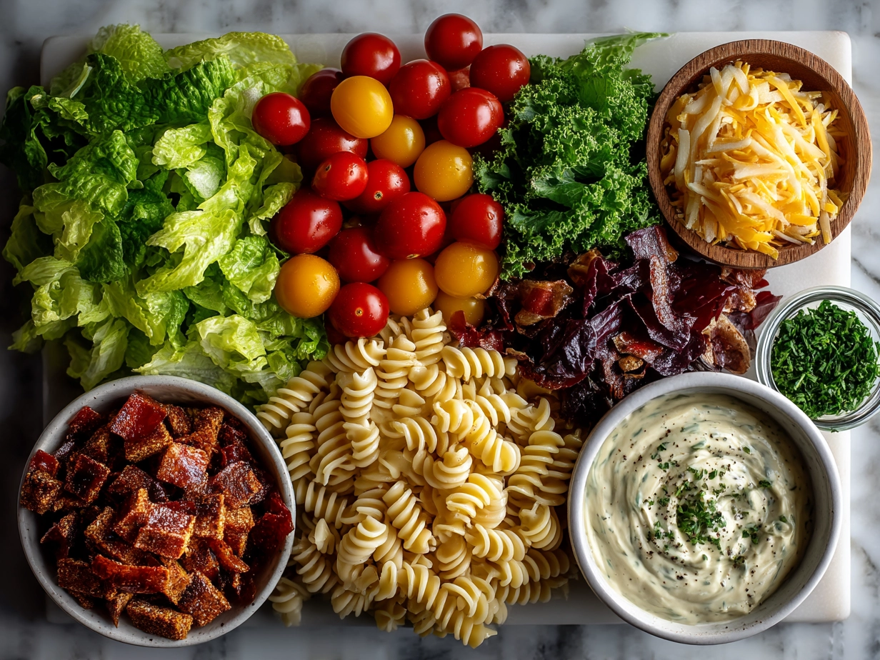 Ingredients laid out for BLT pasta salad without meat including pasta, tomatoes, lettuce, vegetarian bacon bits and dressing