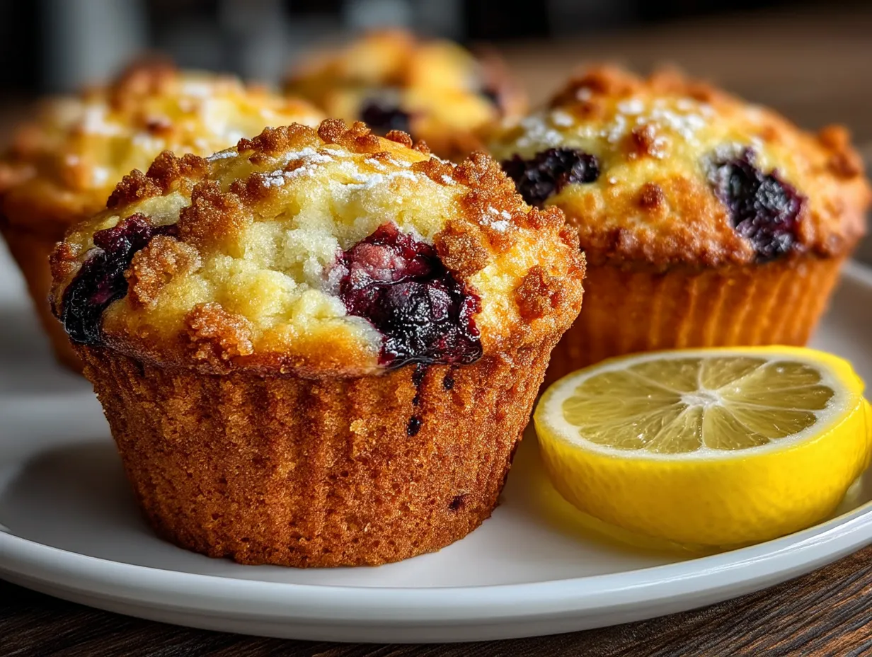 A plate of freshly baked blueberry lemon muffins ready to serve