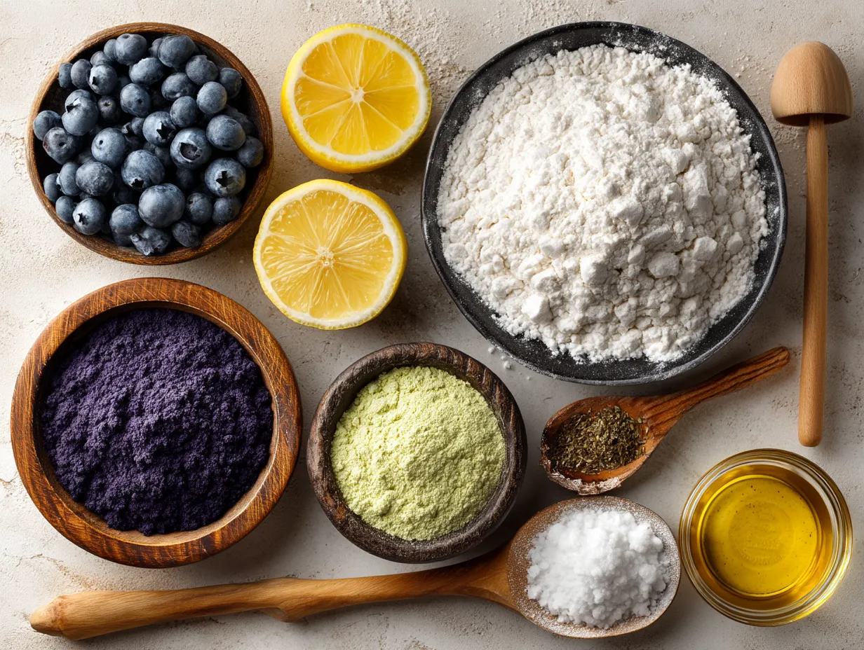 Ingredients to make blueberry lemon muffins laid out on a kitchen counter