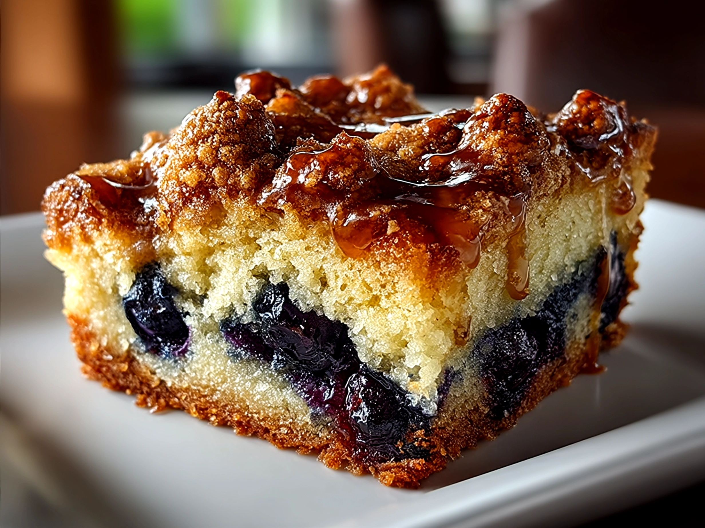 Slices of blueberry buckle cake showing crumbly cinnamon topping and juicy blueberries inside