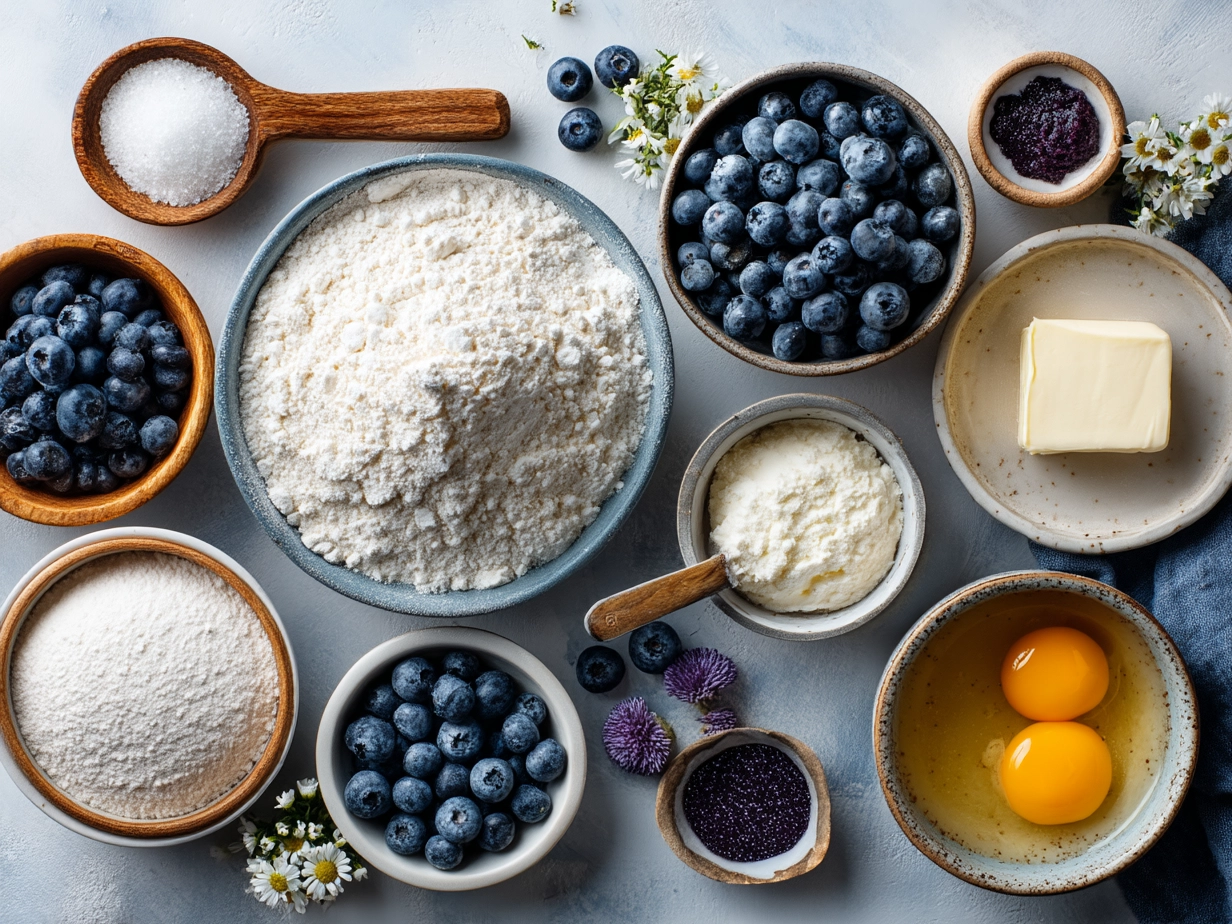 Ingredients for blueberry buckle recipe including fresh blueberries, sugar, flour, and butter